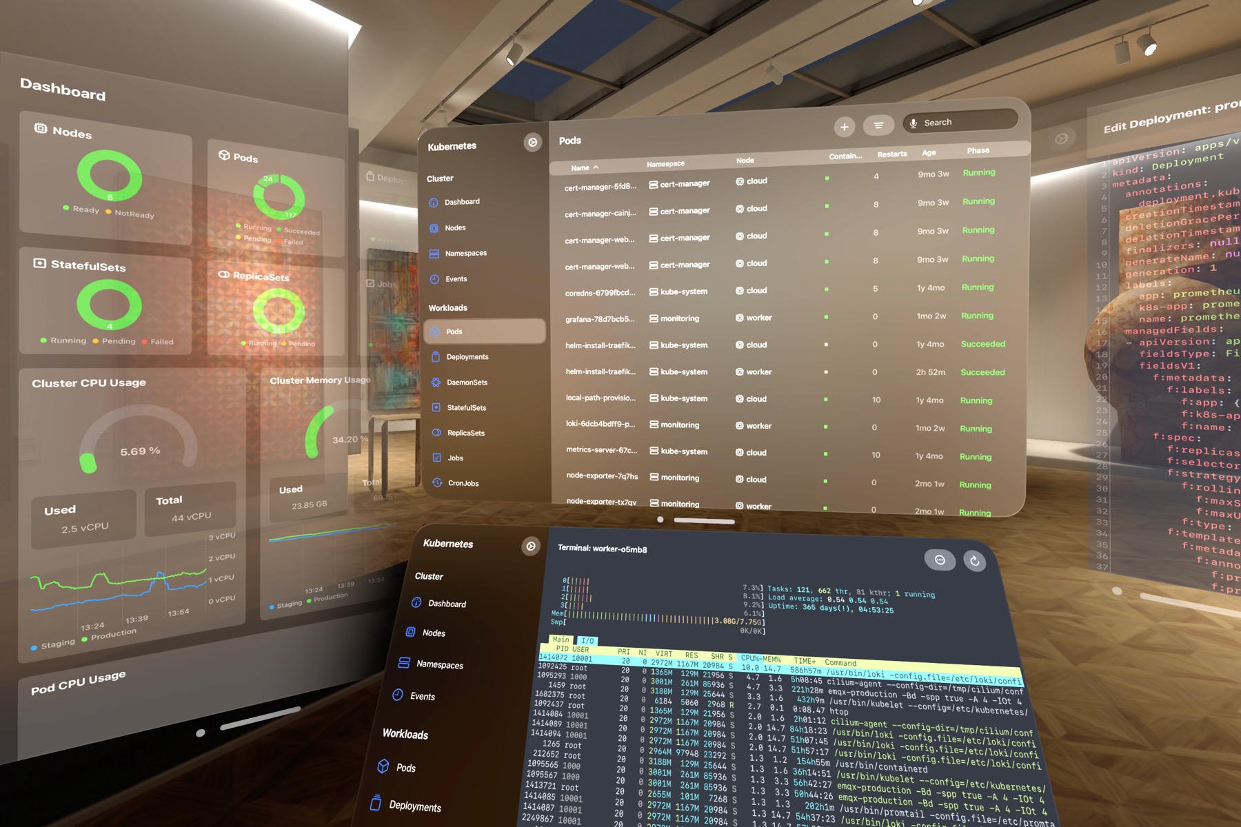 Several windows floating in a room in VR, showing a list of Kubernetes pods, a dashboard with pie charts, gauges and line charts, a terminal running htop, and a text editor editing a Kubernetes resource manifest
